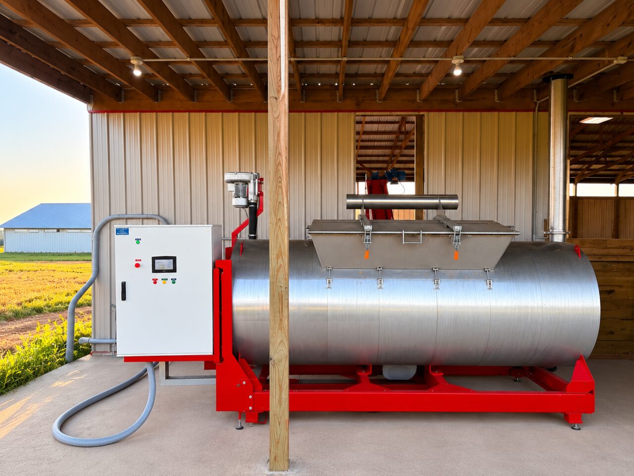 MAOF 2250L thermal dehydrator installed at a commercial poultry operation